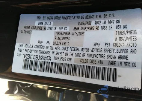 2018 Mazda Mazda3 Touring z USA, uszkodzony, nr VIN 3MZBN1V39JM245474